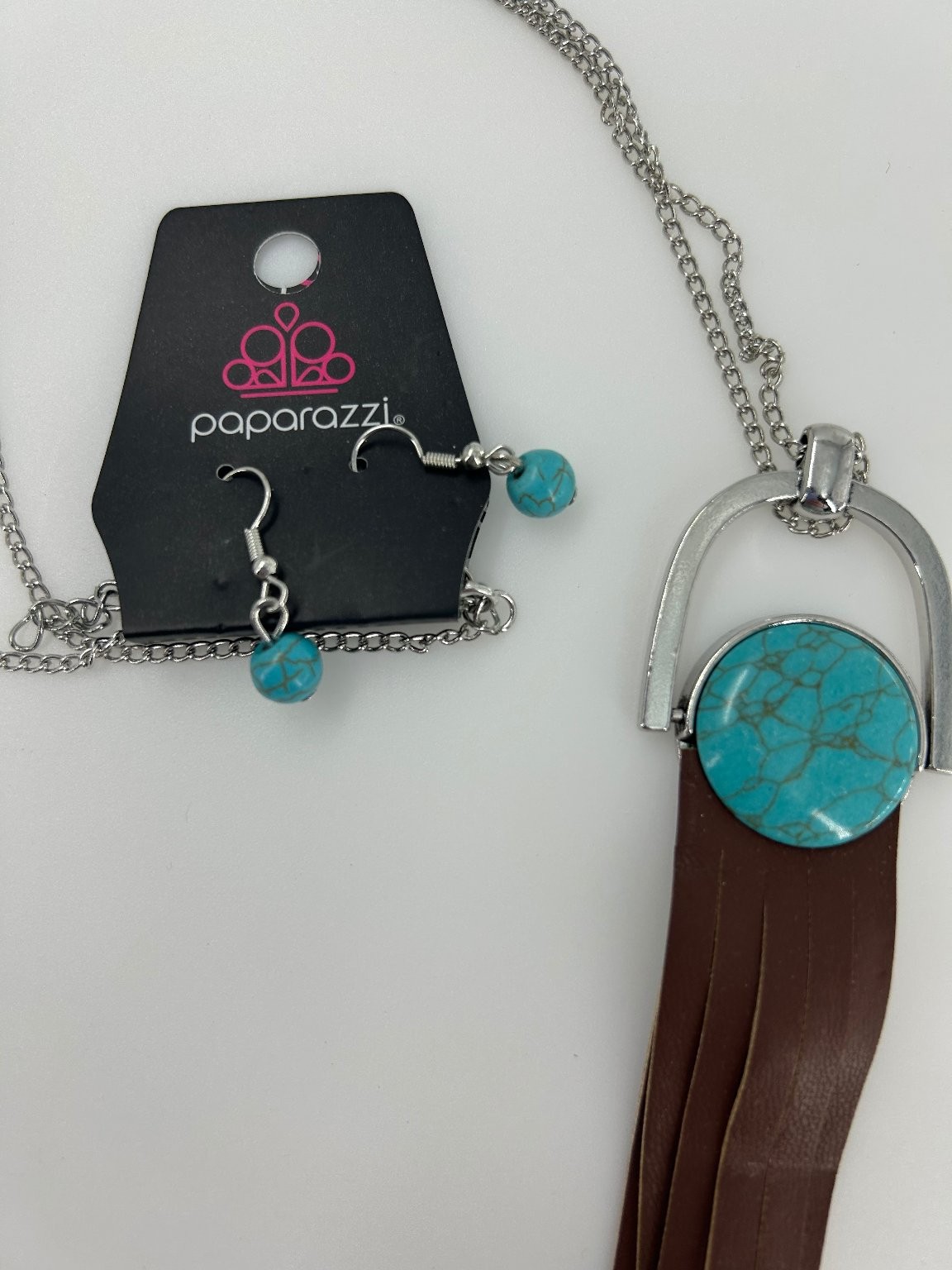 Paparazzi Pendant Necklace 28- 30in Faux Turquoise Brown Tassel Silver Tone