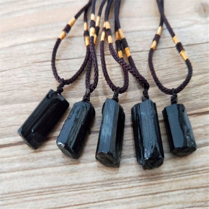 Women Men Black Natural Tourmaline Stone Pendant Necklace Crystal Gem Specimen