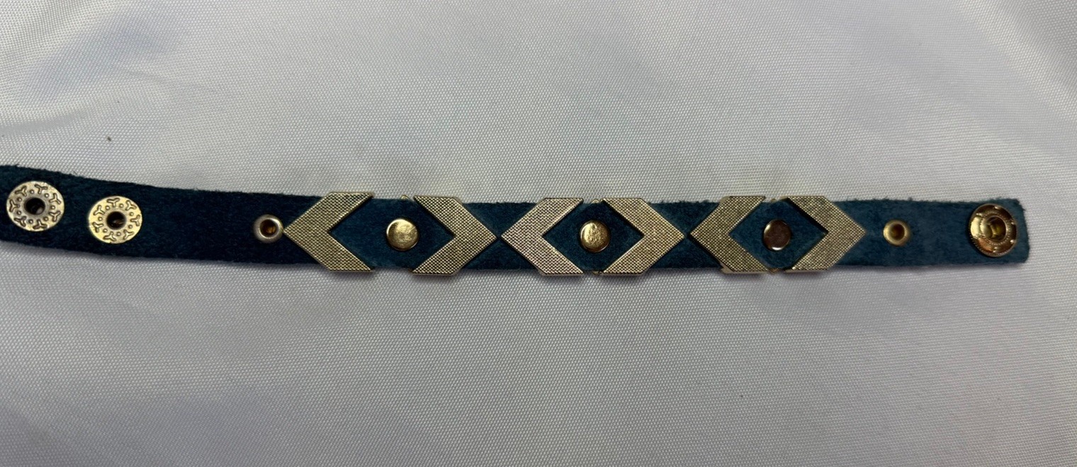 Blue Faux Leather Snap Cuff Bracelet Adjustable 8 in Gold Chevron Studs
