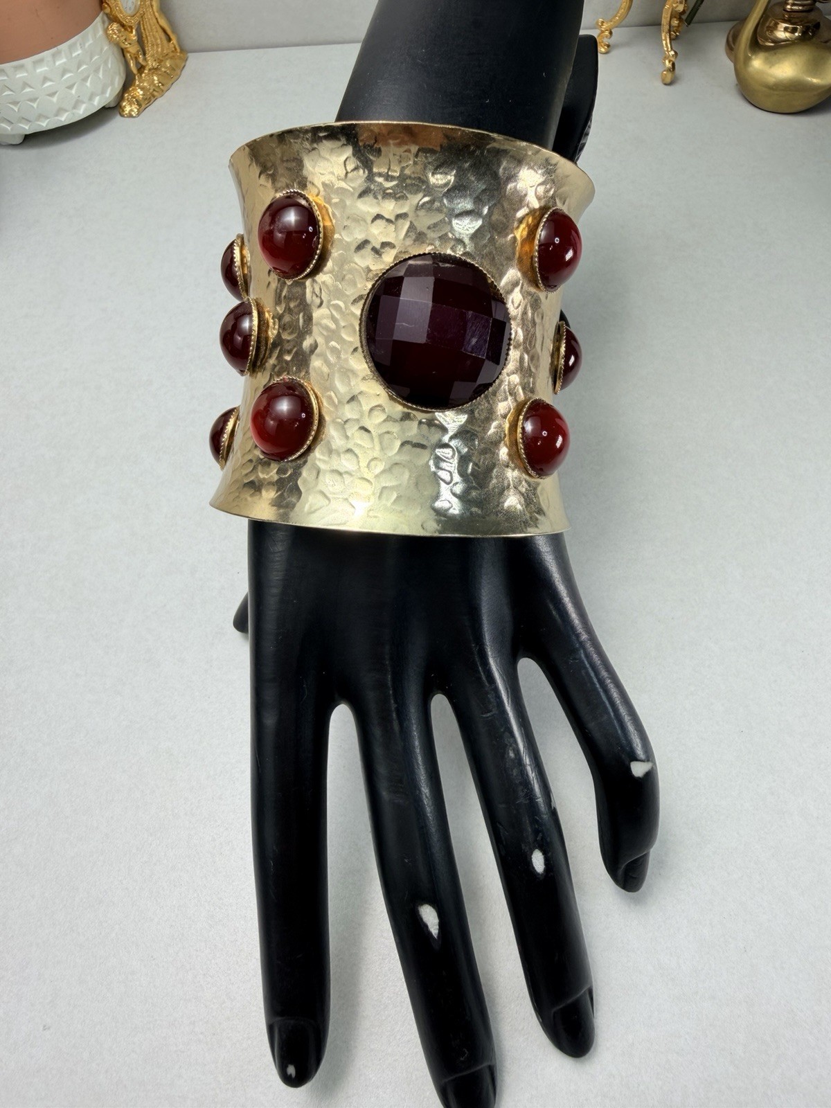 Oversized Gold Tone Cuff Bracelet Red Cabochon Wide Statement Bold