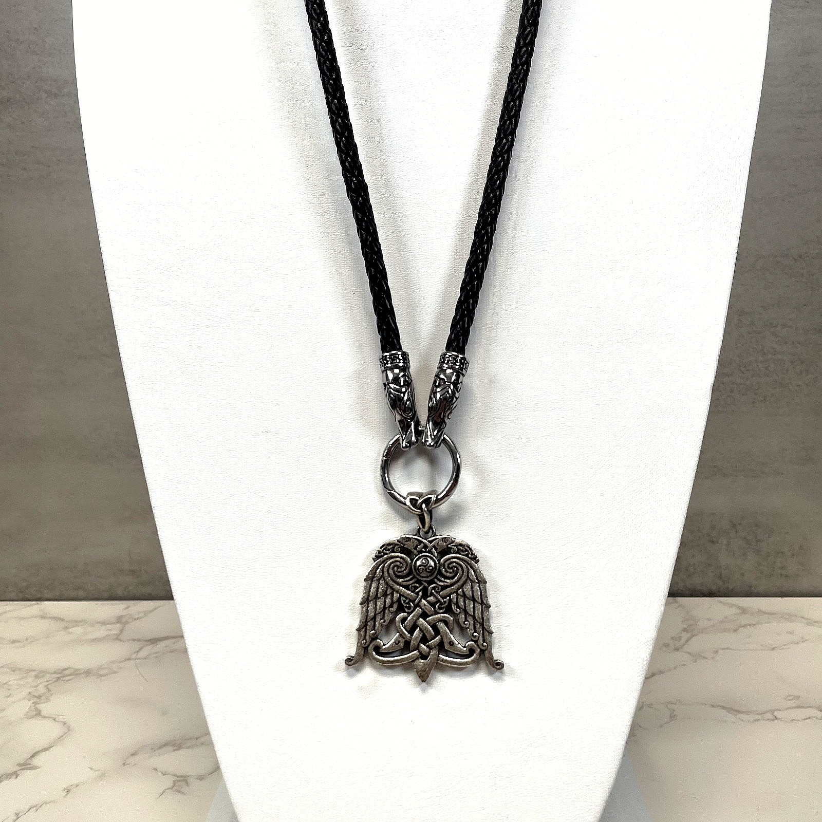 Norse Viking Raven Wing Shield Pendant Celtic Knot Black Braided Cord Necklace