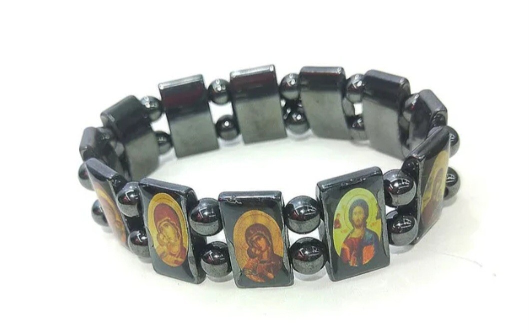 Jesus and the Saints HEMATITE stone bracelet – stretch – good quality stone