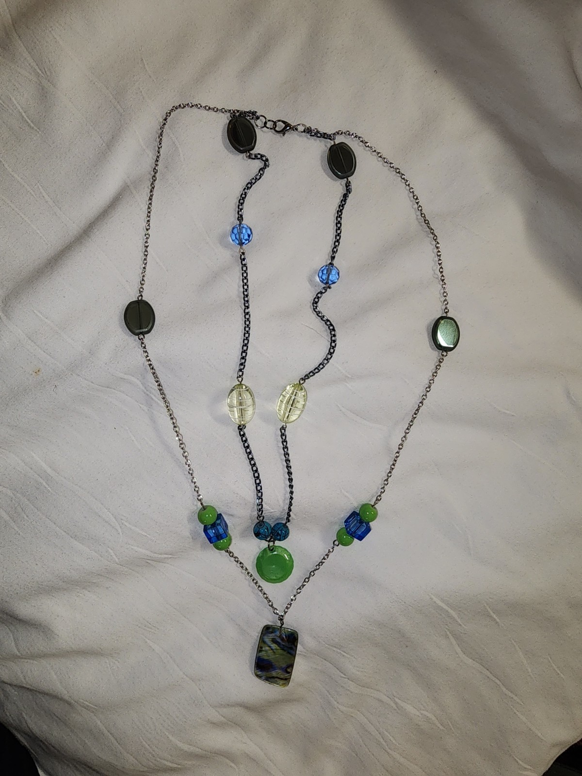 Silver Tone Layered Beaded Necklace w/ Blue Green Glass Rectangle Pendant