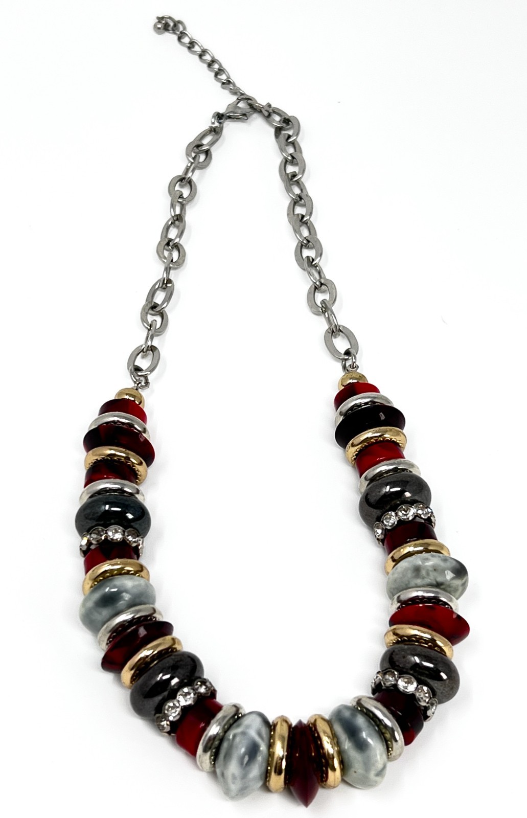 Statement Bib Necklace Red Gray Gold Resin Beads Rhinestone Silver Chain 20-22″