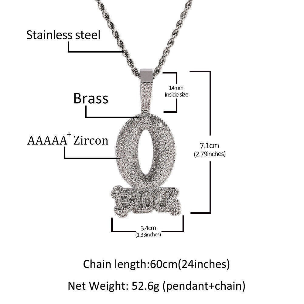 24″ 5A CZ Men O BLOCK ICED Pendant Chain Necklace 18K Gold Plated Silver Hip Hop