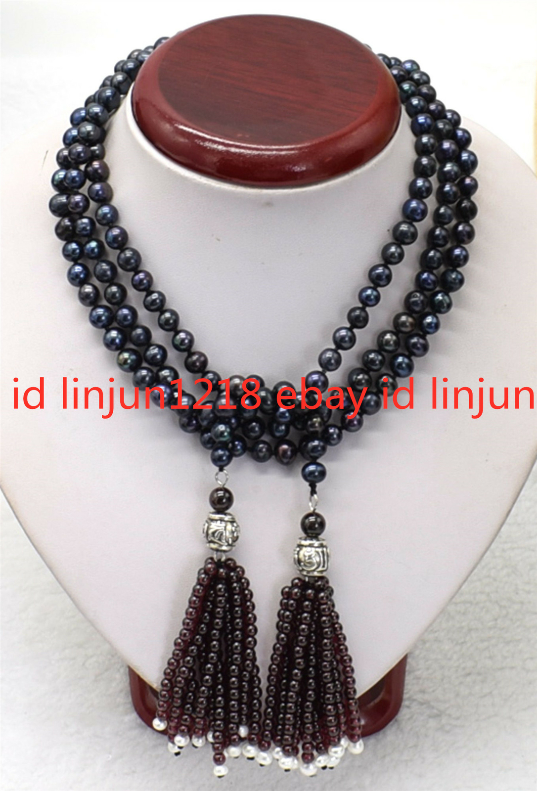 New Beautiful 7-8mm Black Cultured Pearl 4mm Red Garnet Gemstone Necklace 50”