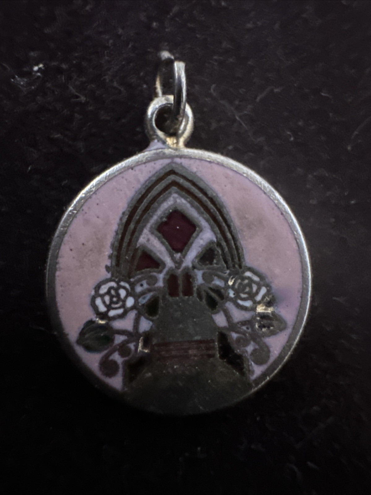 Vintage Pink Enamel Gothic Cathedral Window Rose Design Pendant Religious Charm