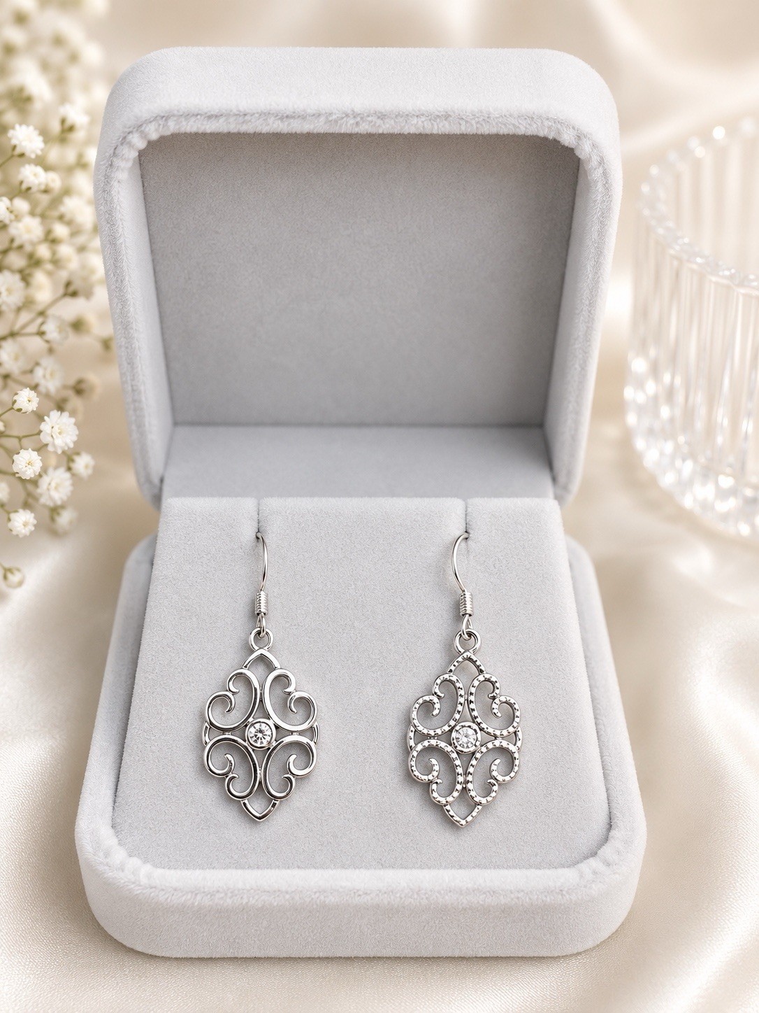 S925 Sterling Silver Filigree CZ Dangle Earrings