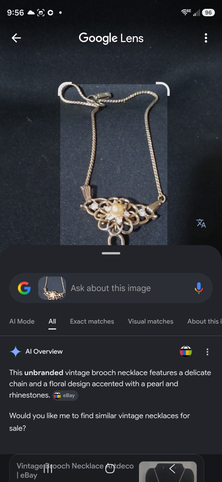 Gold Tone Flower Charm Pendant Necklace Cream Pearl Rhinestones Snake Chain