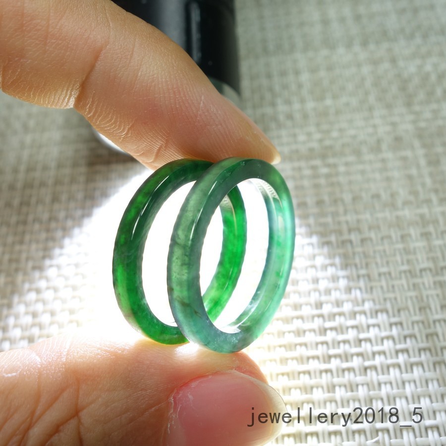 2Pcs Certified Green 100% Natural A jadeite Jade Ring 细条 戒指 指环 USA.6.5#-7.5#
