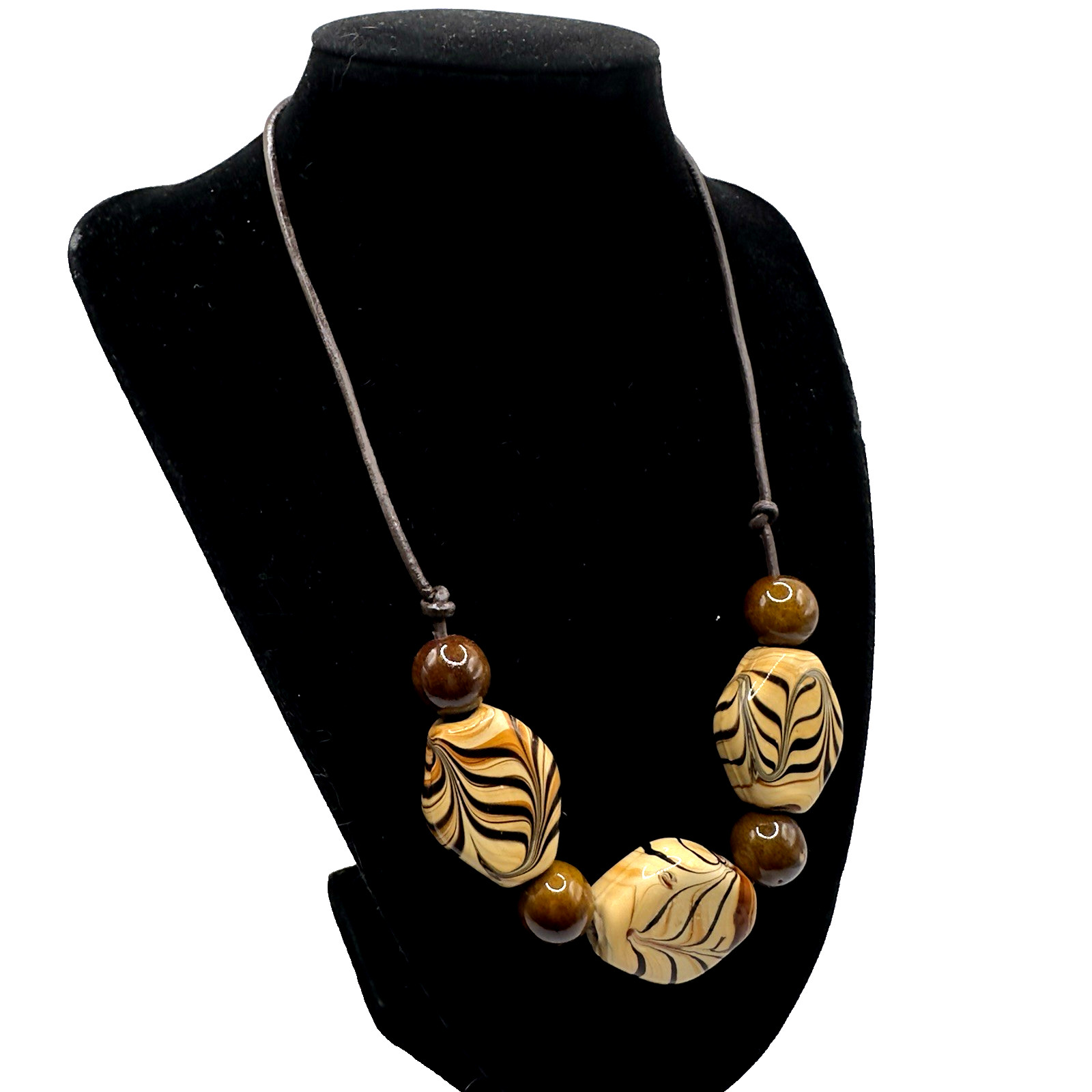 Chunky Boho Glass Ceramic Necklace 18 Inch Tans & Brown Handmade 19″ Leather