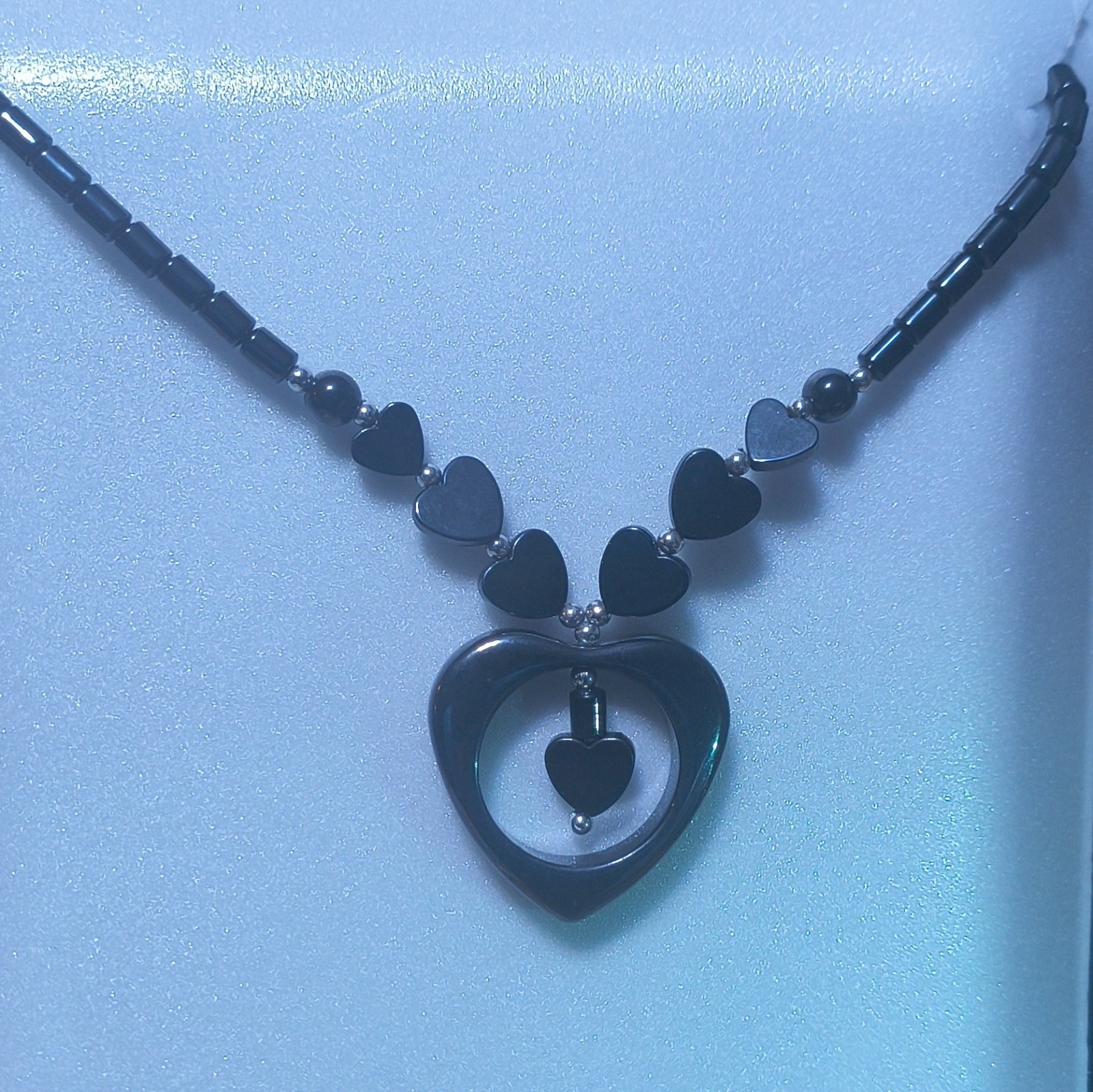 Black Hematite Beaded Ball Chain Necklace Heart Charm Pendant Love Theme