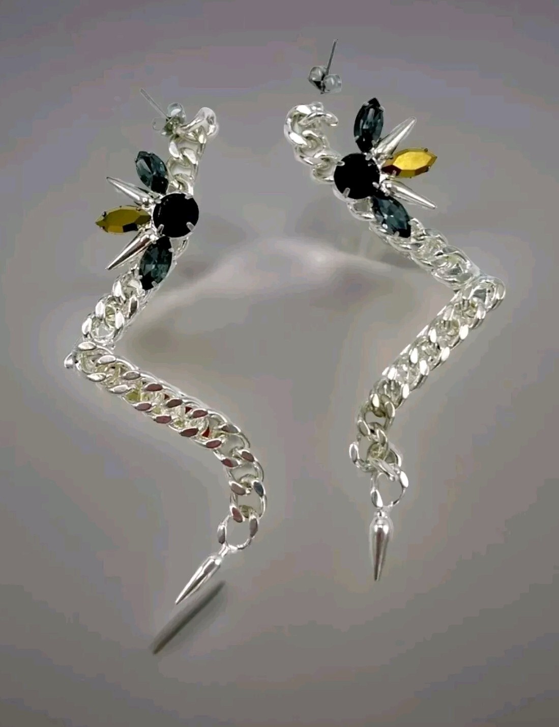 Designer FALLON Signed Micro Spike Chain EARRINGS Swarovski Crystals 2012