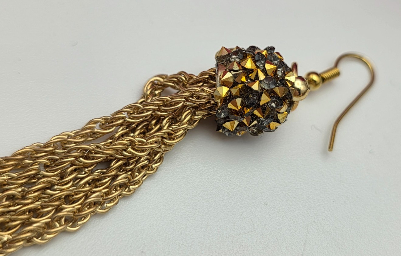Gold Tone Mesh Chain Tassel Necklace Earrings Set Crystal Statement 31 In Adj.