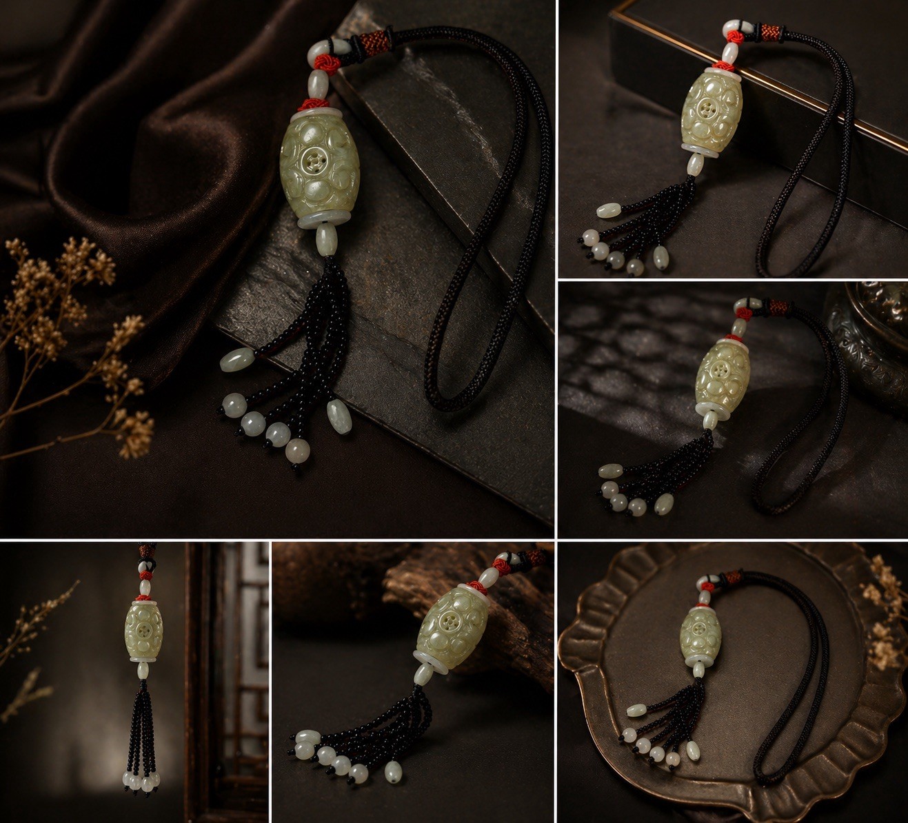 Hand-Carved Natural Jade Oval Amulet with Adjustable Braided Cord