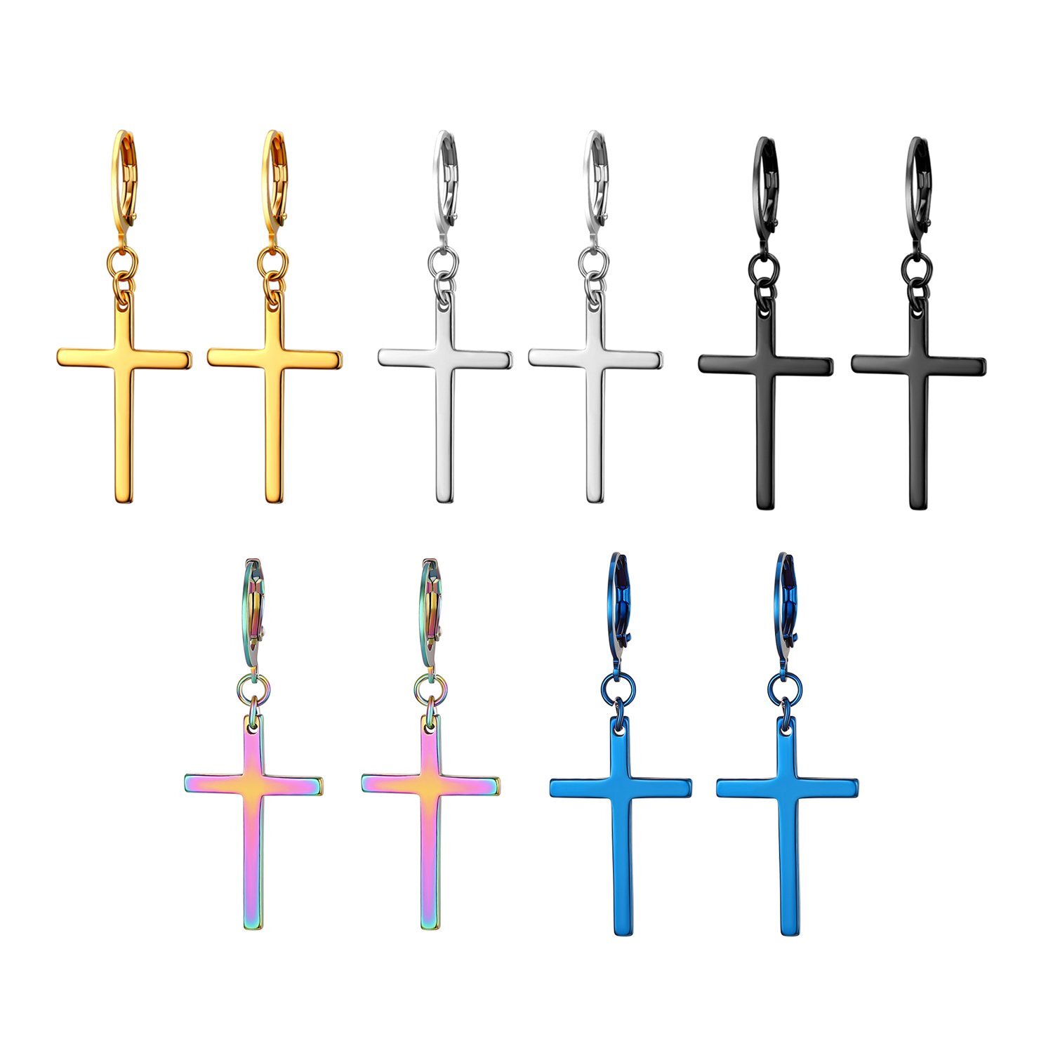 2pc Men Women Stainless Steel Slim Cross Drop Dangle Huggie Hinged Hoop Earrings