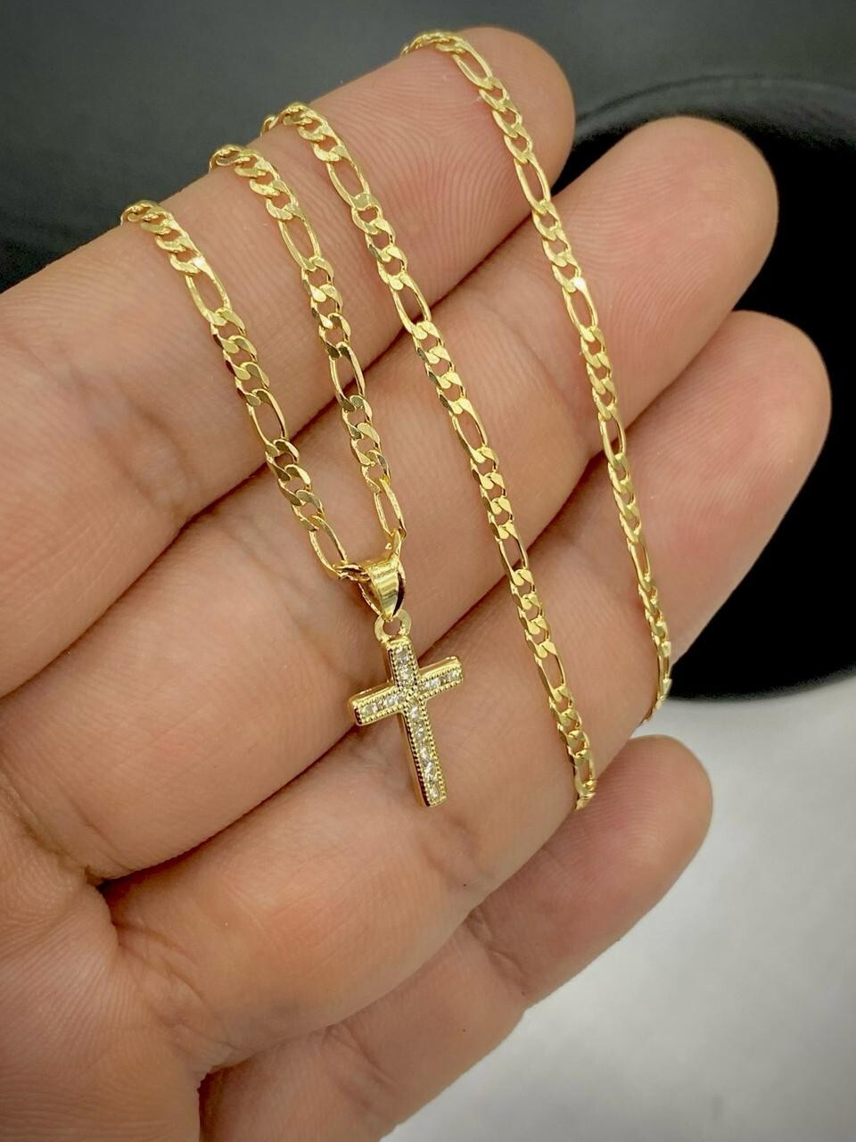 14K Gold Filled Tiny CZ Cross Pendant Necklace Womens 17x10mm Figaro Crucifix