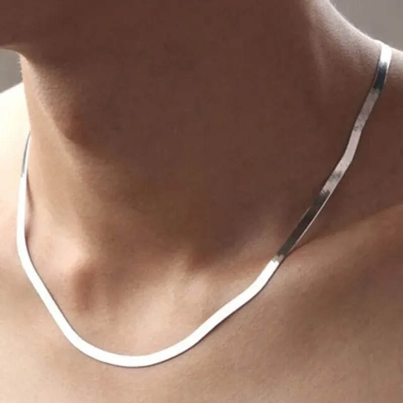Silver color Gold Plated 4MM Flat chain Necklace for Women Luxury Fine