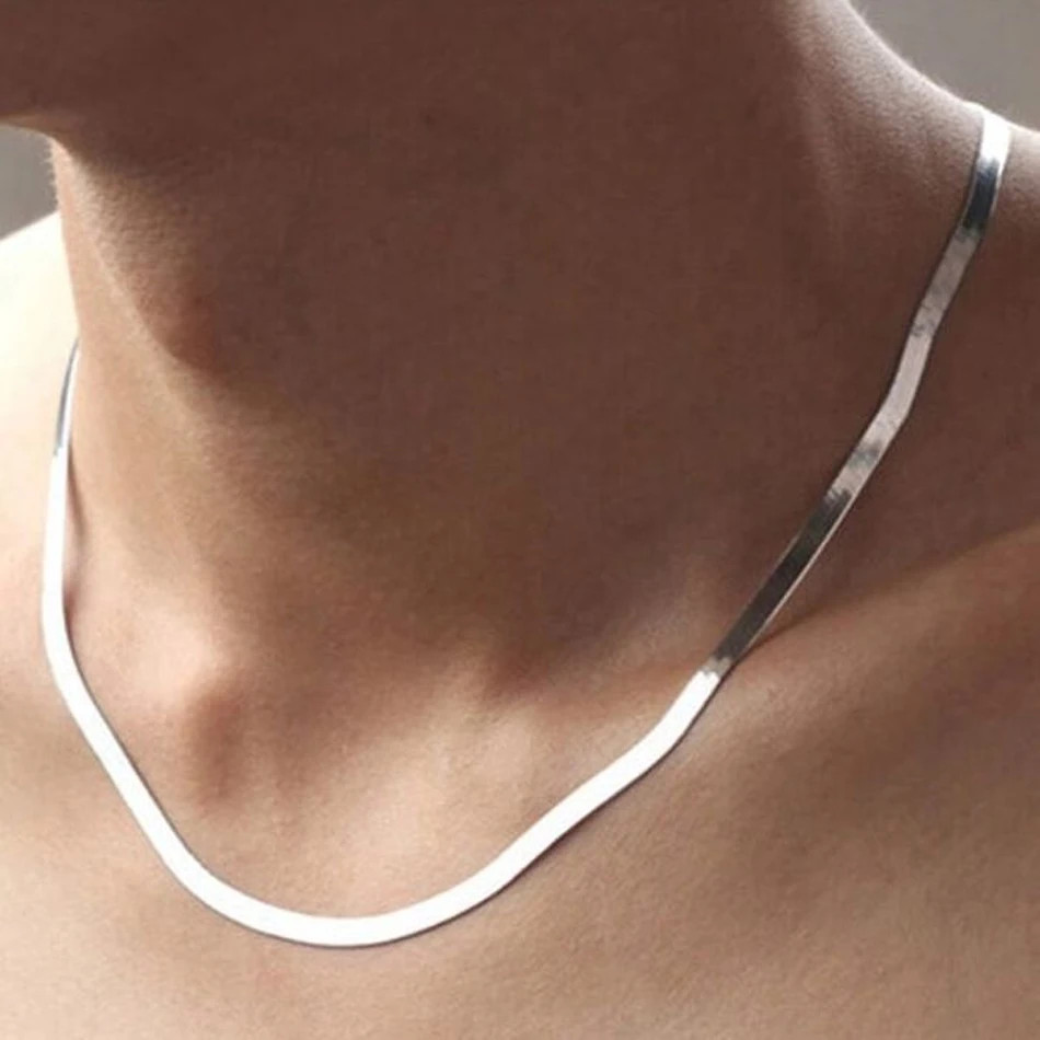 Silver color Gold Plated 4MM Flat chain Necklace for Women Luxury Fine