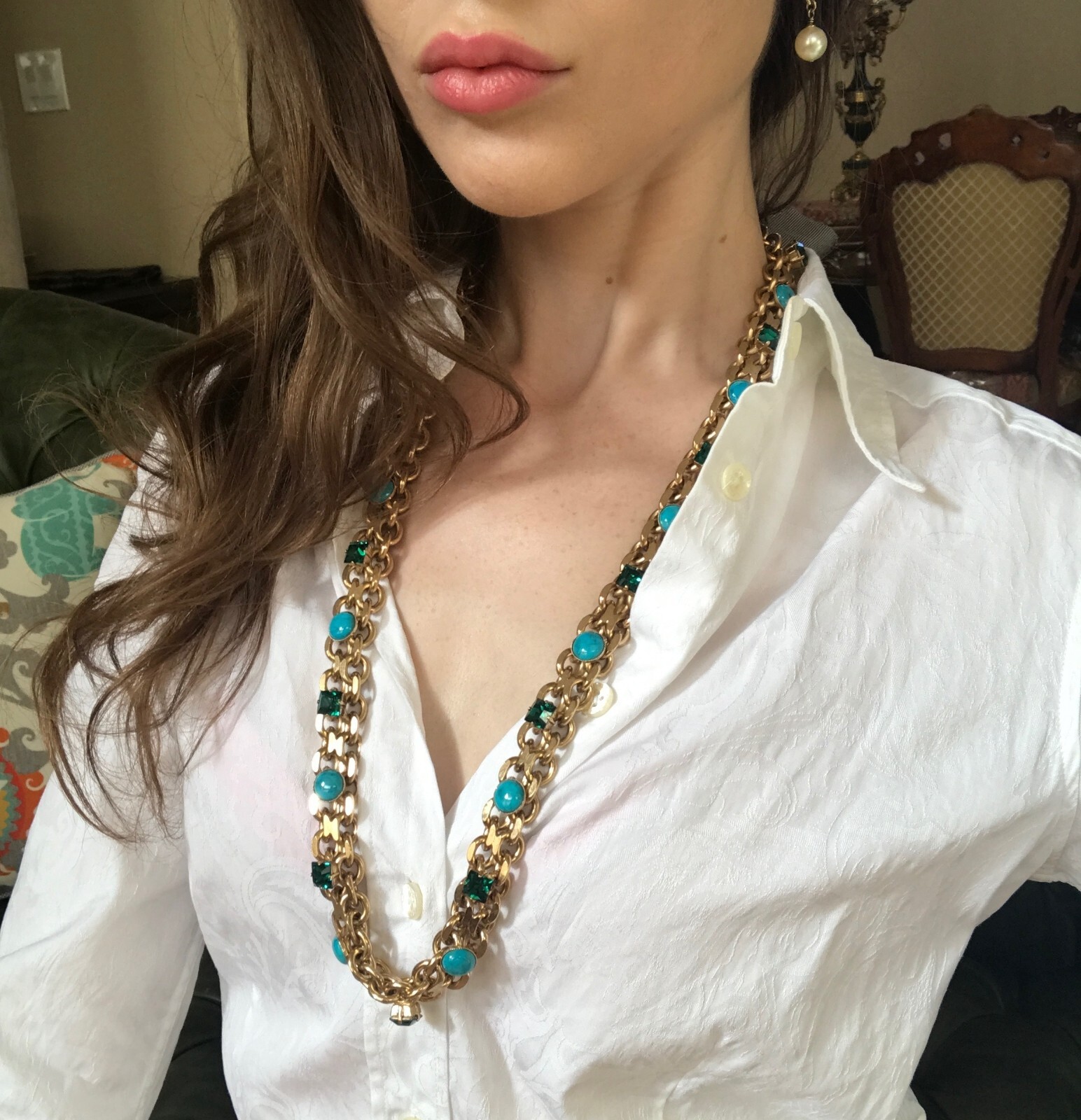 Lanvin Paris Long Necklace / Belt Gold-Tone Turquoise & Green Crystal New + Box