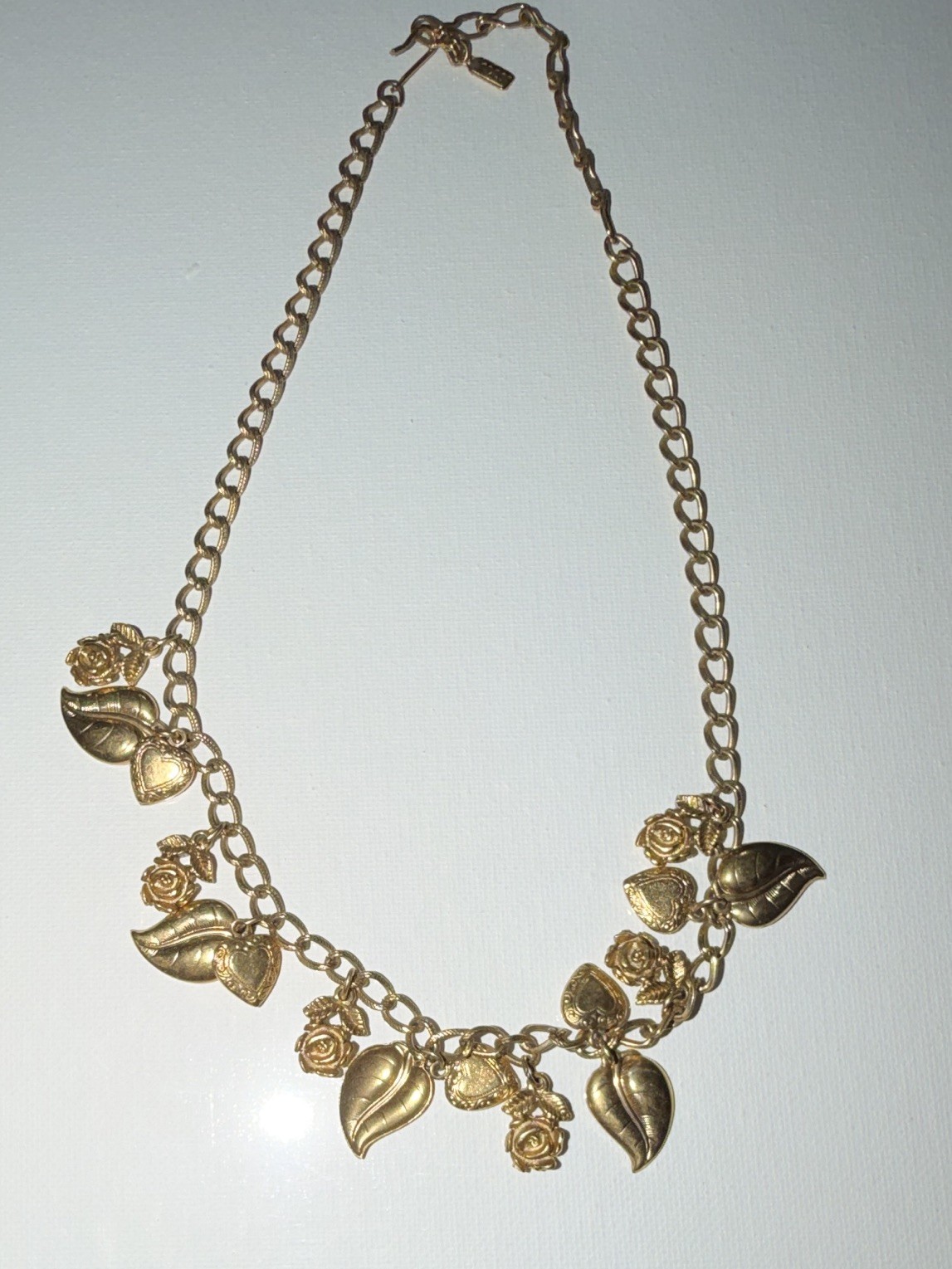 Gold Tone Curb Link Charm Necklace Heart Rose Leaf Charms Adjustable Lobster