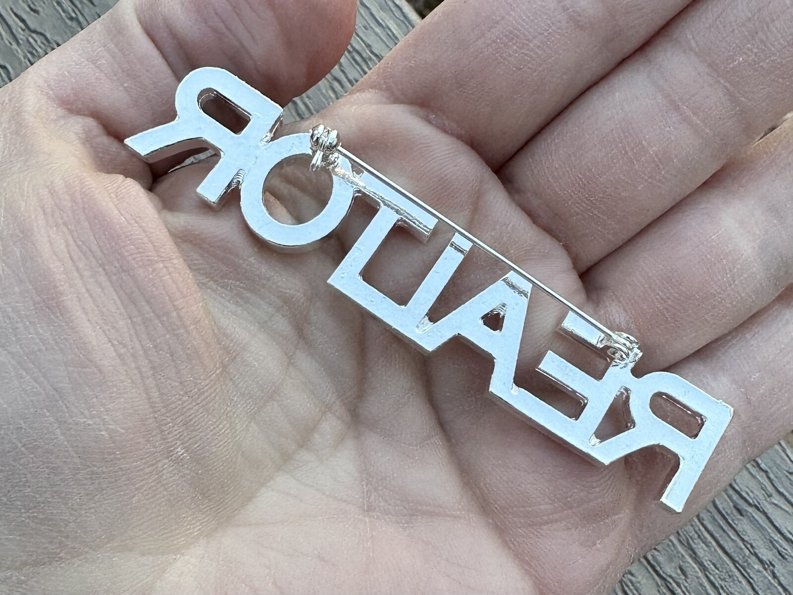 Print Font Clear realtor brooch rhinestone pin jewelry gift NEW 3”