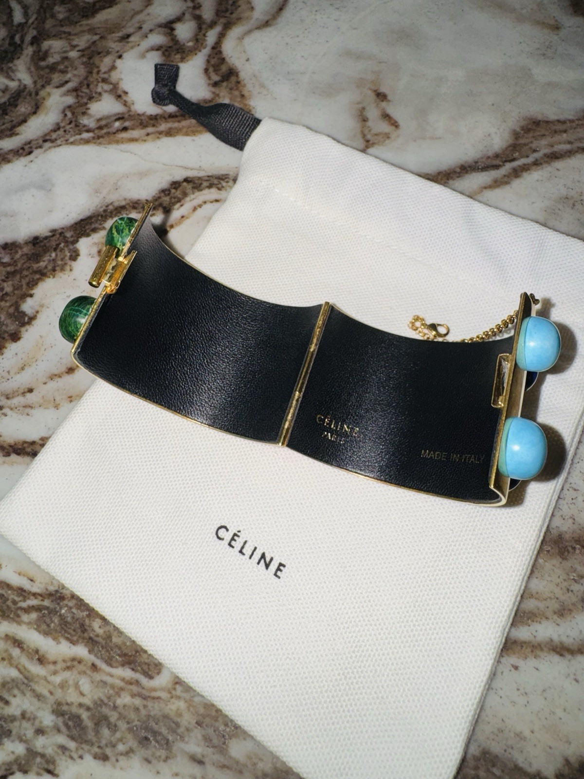 Authentic Celine Gold Brass Manchete Bracelet Bangle Marble Phoebe Philo Rare
