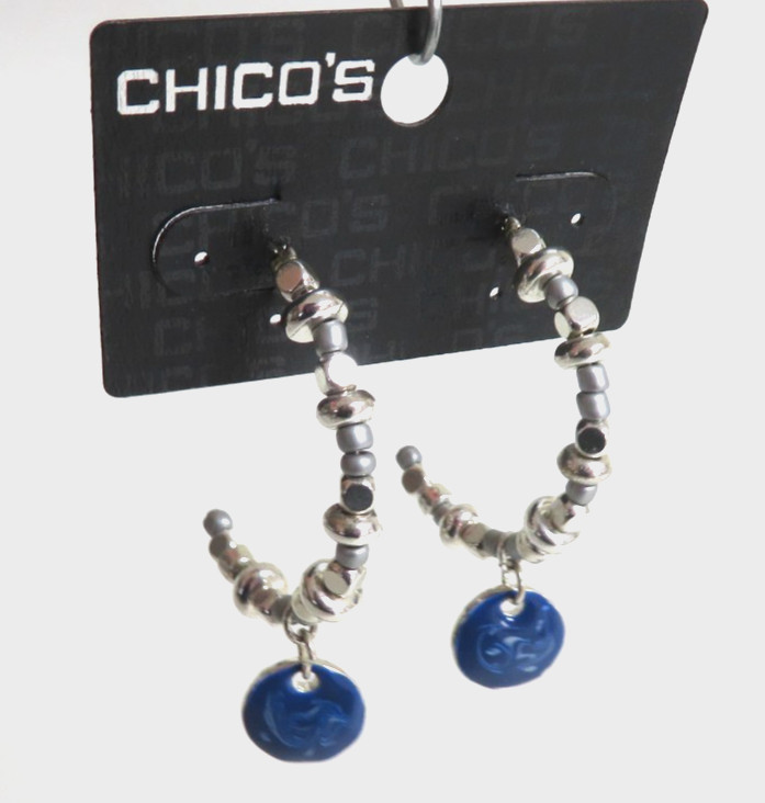 New Chico’s Silver Beaded 1/2 Hoop Earrings with Blue Enamel Dangle Accent