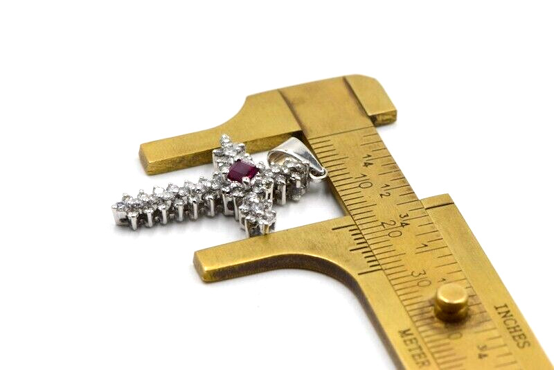 14k White Gold Diamond & Ruby Cross Necklace Pendant Elegant Fine Ladies Charm