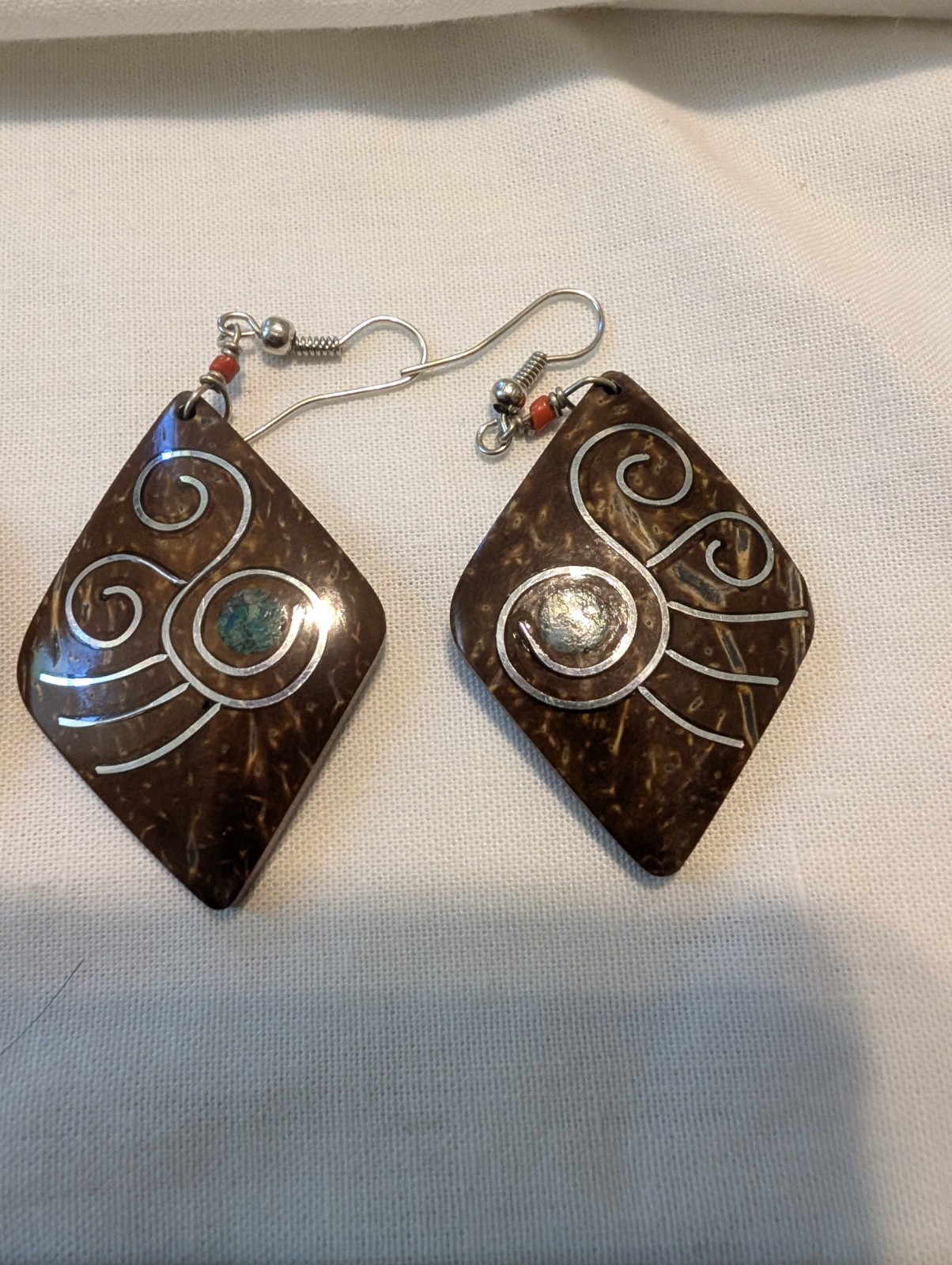 Set of Two Pairs Coconut Shell Earrings Stone and Metal Inlay Handmade