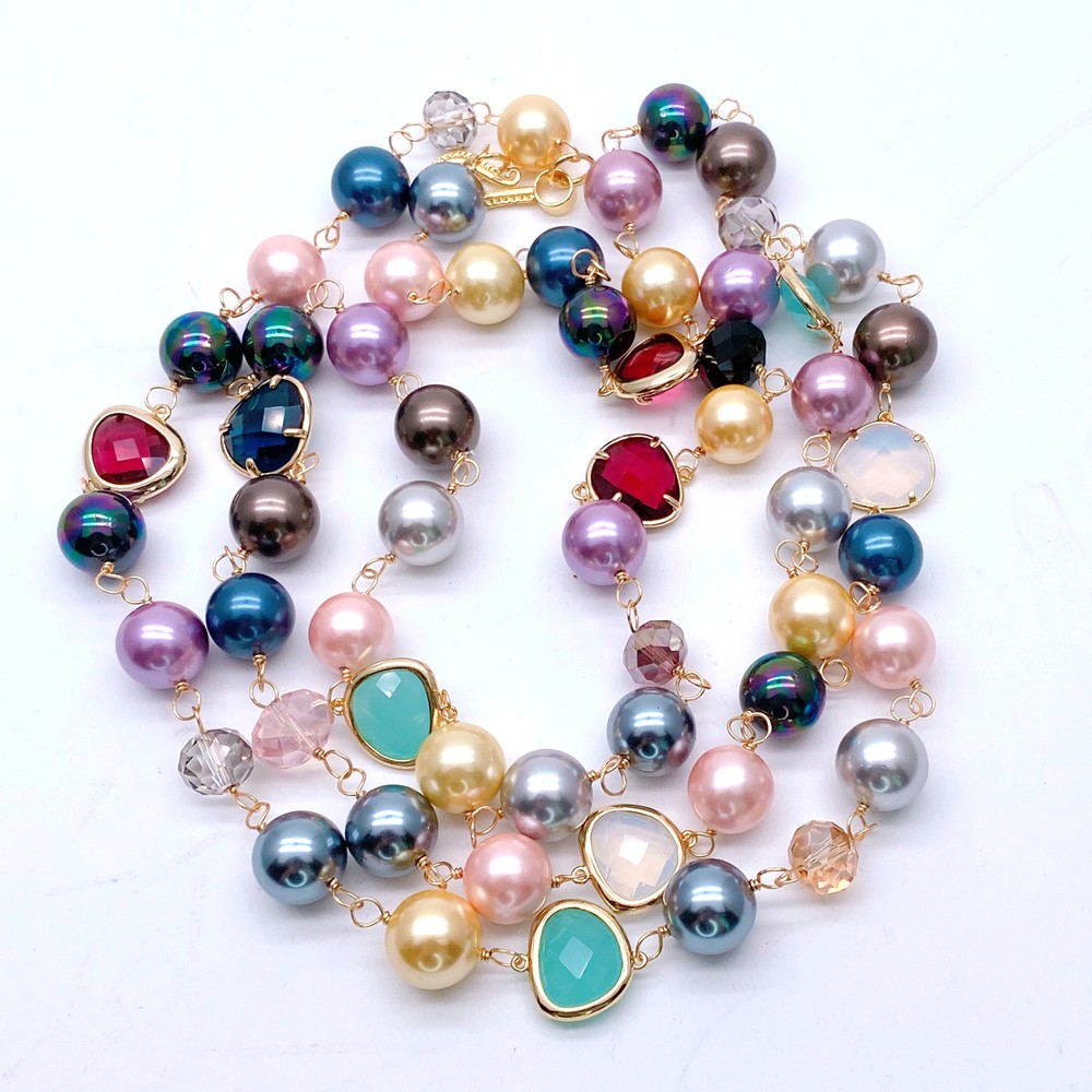 Multi Color Round Sea Shell Pearl Crystal Long Necklace 46″ Fashion Jewelry
