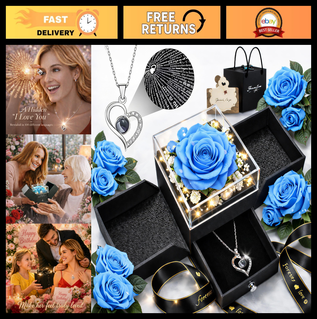 Preserved Real Rose with Heart Necklace – Unique Mother’s Day & Anniversary Gift