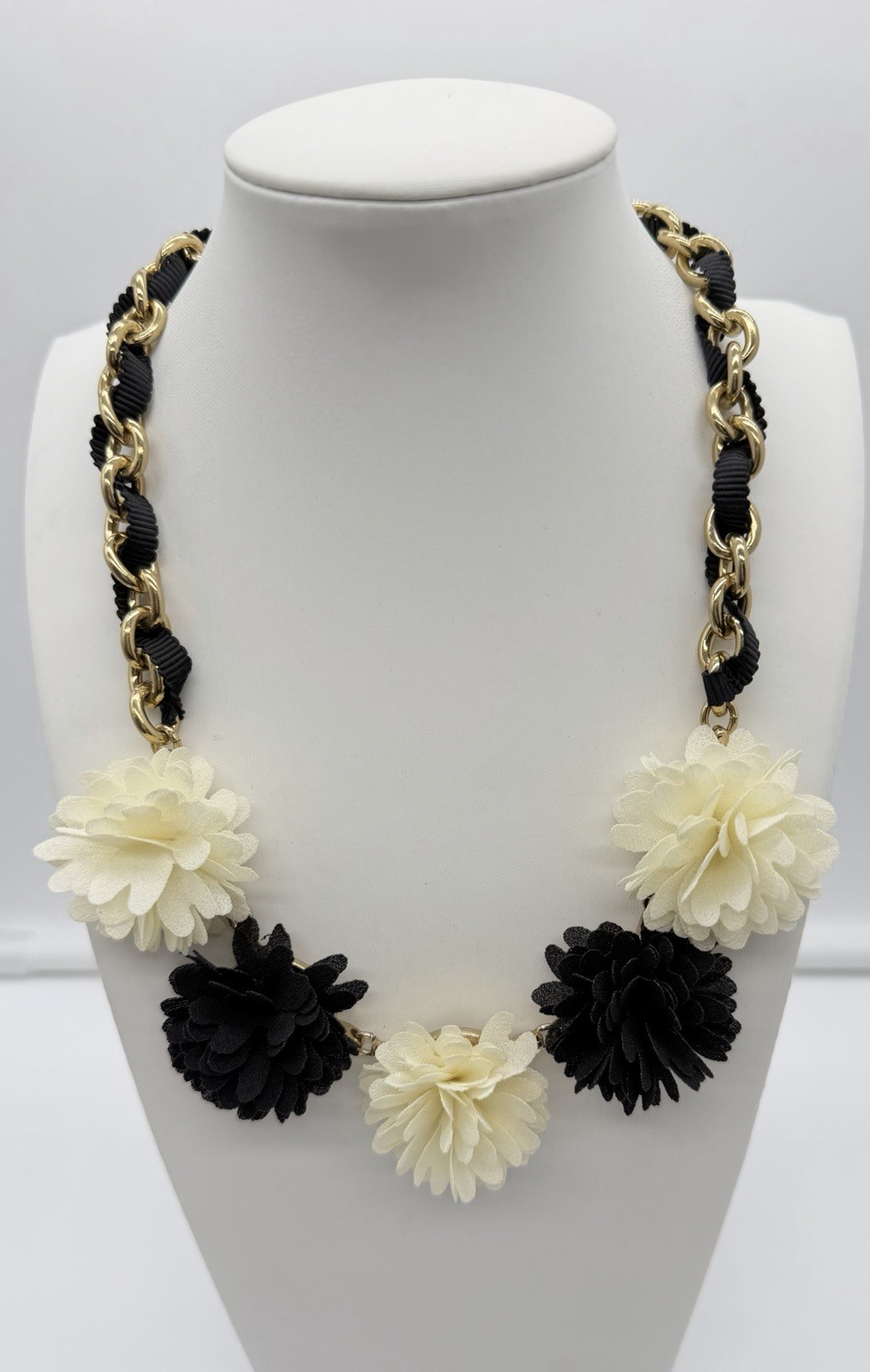 Talbots Black Ivory Floral Statement Necklace Gold Tone Chain Grosgrain Ribbon