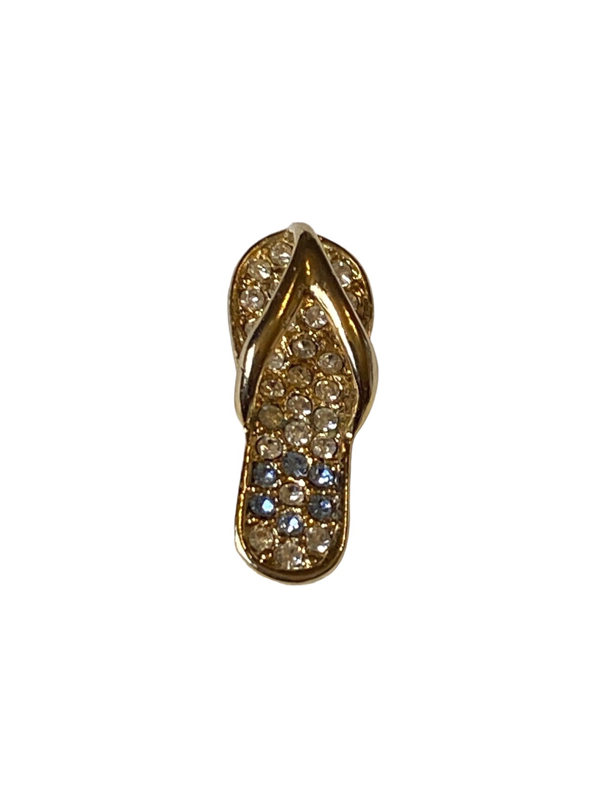 Gold Tone Clear & Blue Rhinestone Sandal Flip Flop Pendant Signed Friends 03
