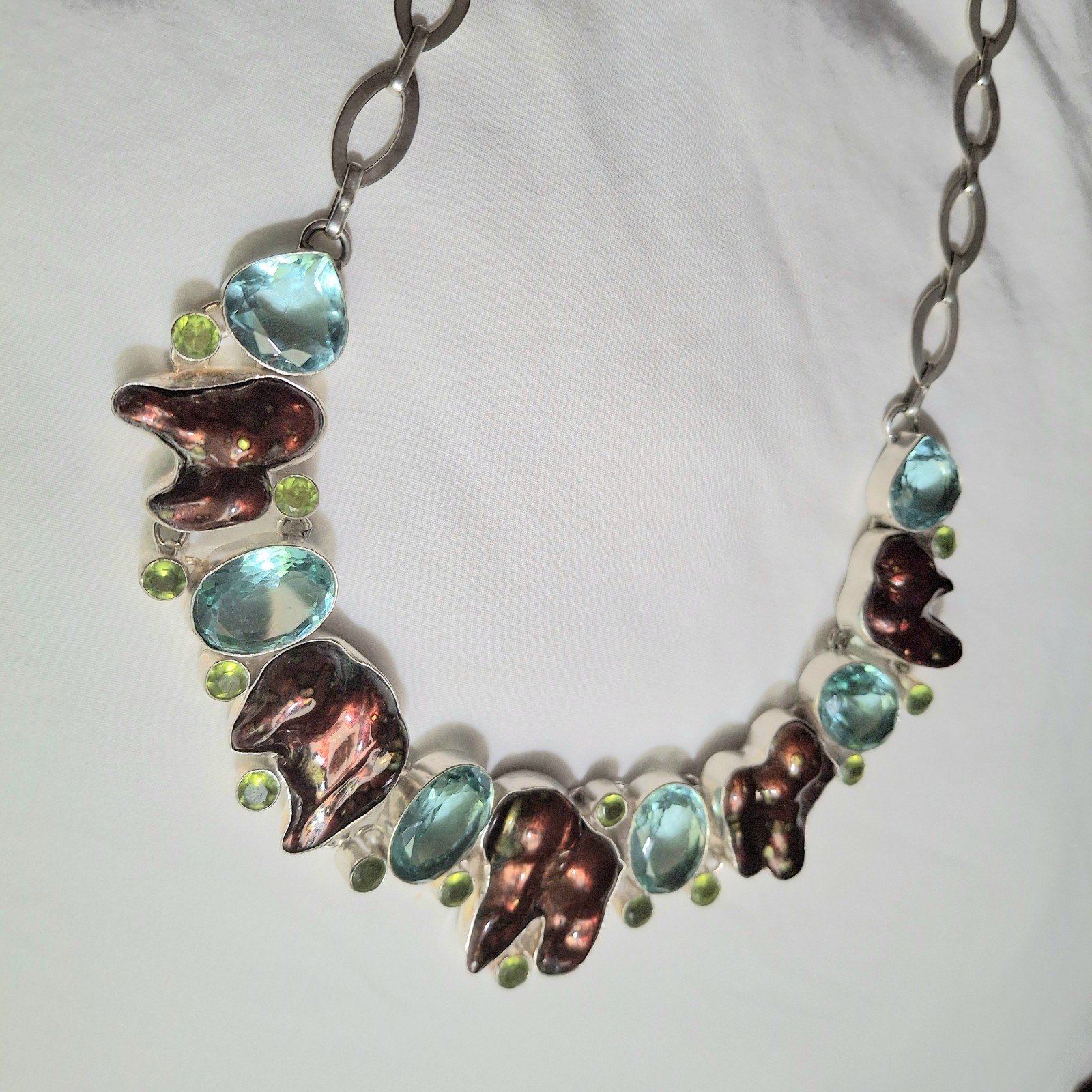 Y2K Necklace SIGNED 925 HUGE! Boho Blue Topaz Dyed Blister Pearls Peridot Estate