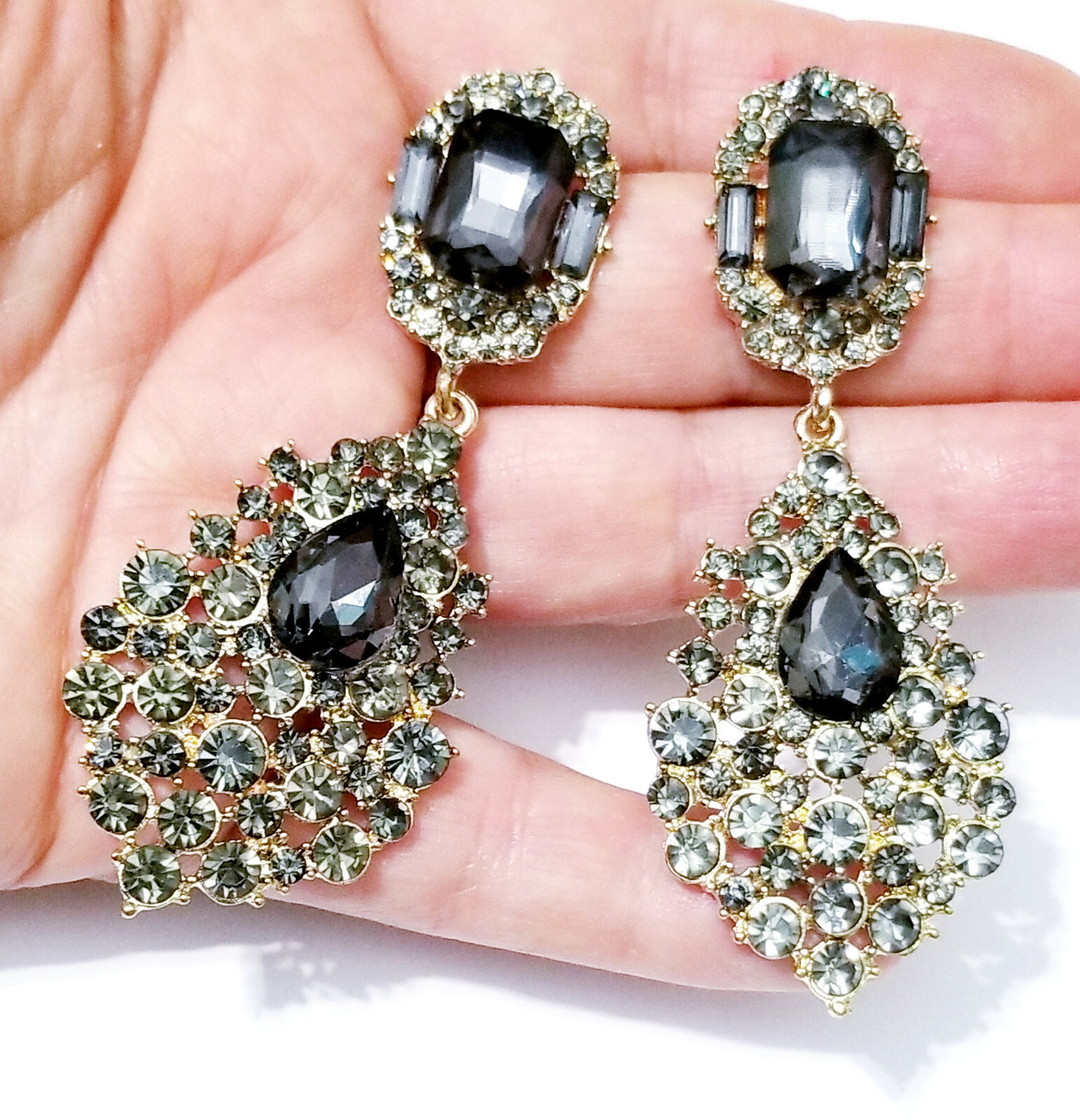 Rhinestone Crystal Gray Chandelier Earrings 3 inch