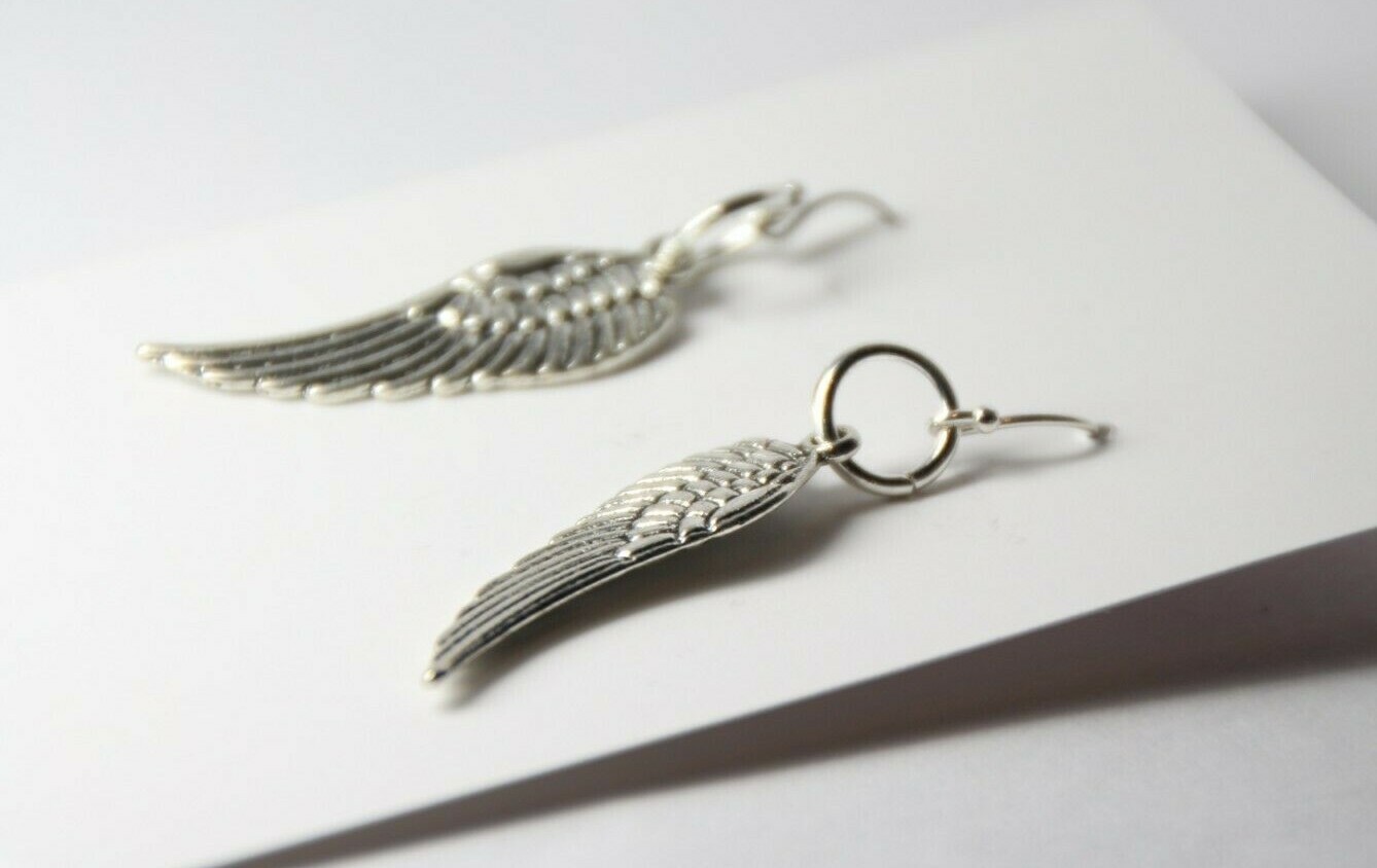 Feather Charm Earrings 925 sterling silver Hooks Angel Wings Pewter Charms