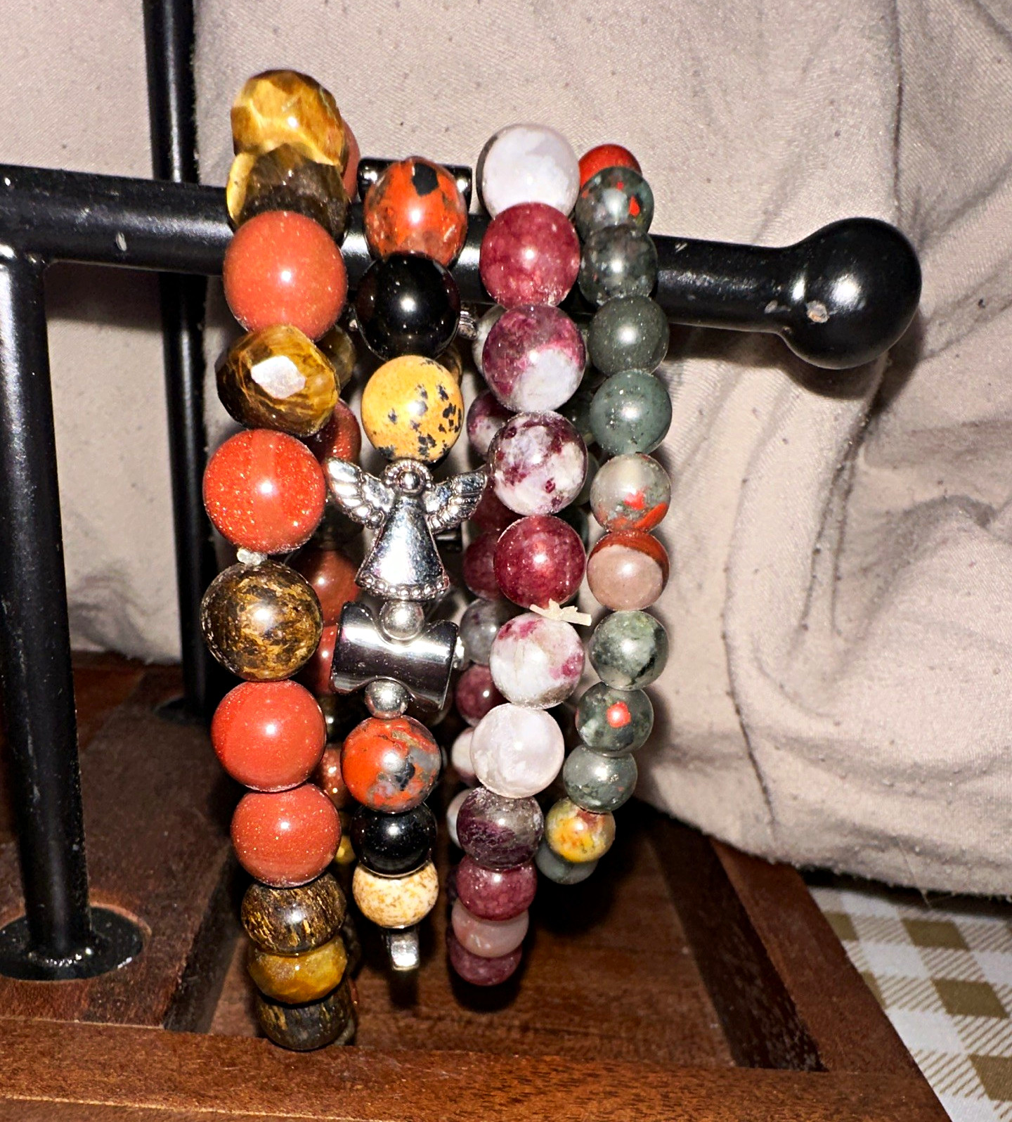 Lot of 4 Multicolor Stone Beaded Stretch Stackable Bracelets Angel Dangle Charm