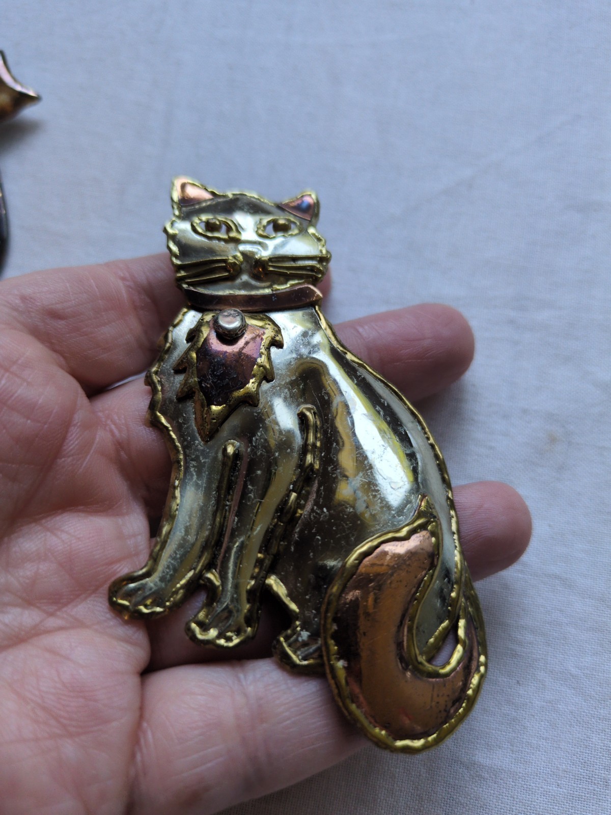 Vintage Cat Brooch Pin Lot Of 2, Mexican Mixed Metal And Pottery Artist Signed
