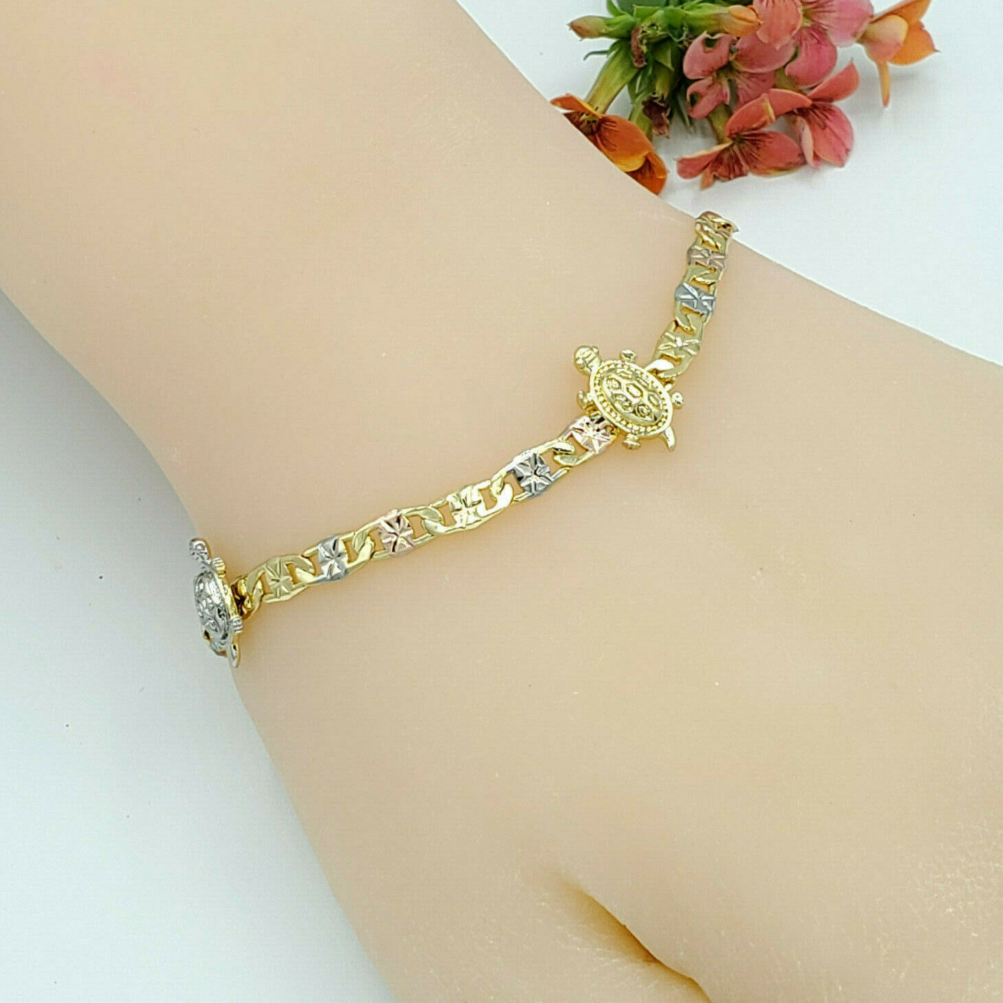Woman Tri Color Gold Plated 3 Turtles Chain Bracelet Pulsera Oro Laminado