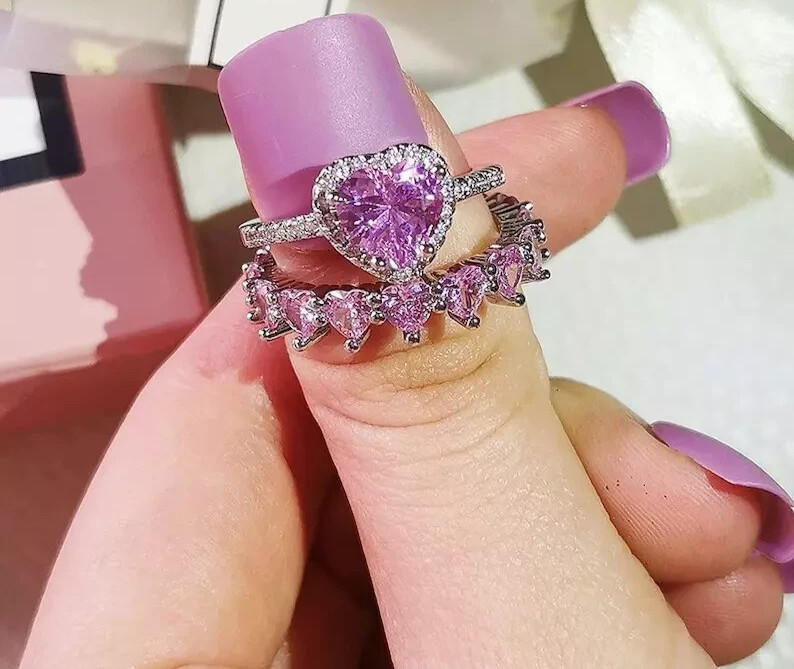 2.40Ct Heart Cut Simulated Pink Sapphire Bridal Ring Set 14K White Gold Plated