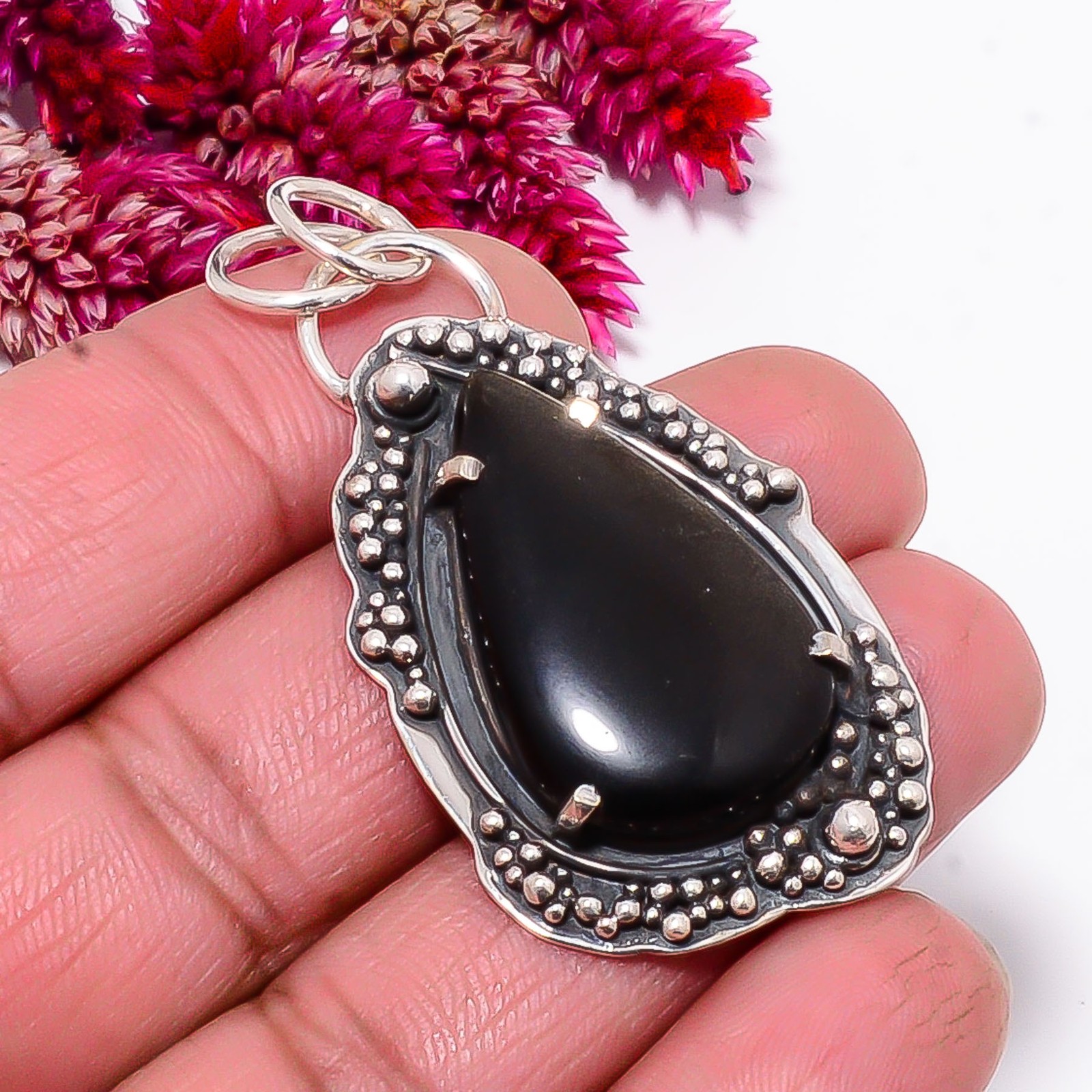 Golden Sheen Obsidian Oxidised 925 Sterling Silver Pendant 1.95″ Sk48, Christmas