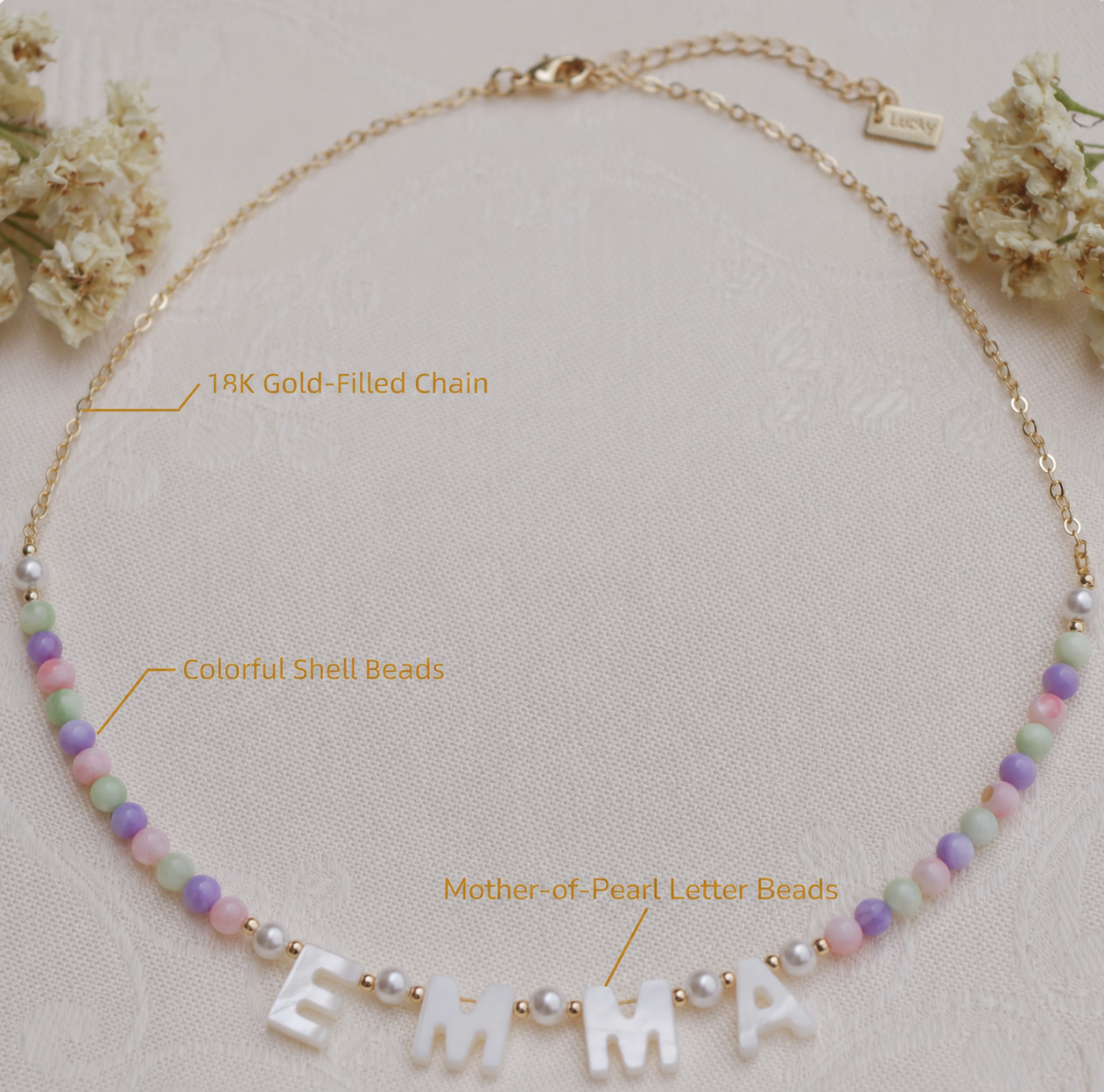 Personalized Kids Name Necklace, Mother of Pearl Letters, 18K Gold Filled