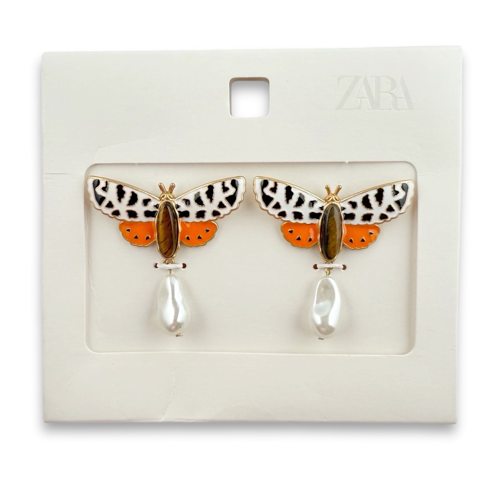 ZARA Butterfly Moth Multicolor Enamel Resin Stone Faux Pearl Drop Earrings NEW