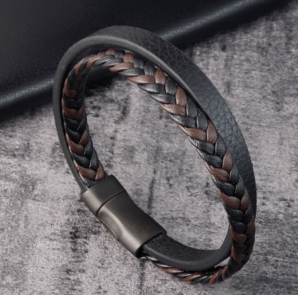 Men’s Women’s Black and Brown Braided Genuine Leather Bracelet / Bangle 8.2″