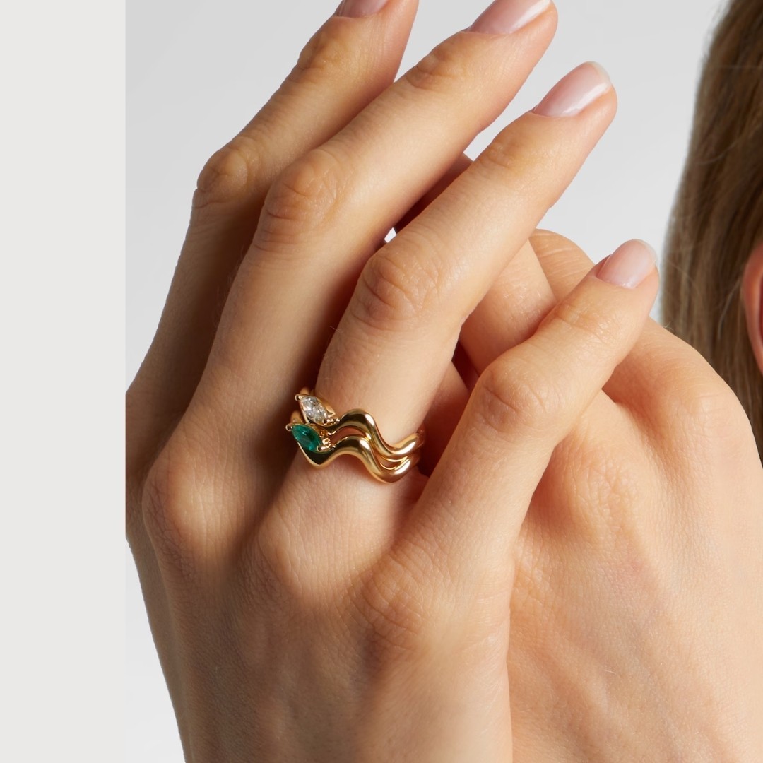 Marquise Emerald Ring Gold Vermeil Wave Ring Organic Statement Ring Gift