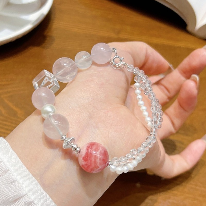Natural Pearl Rose Quartz Rhodochrosite Original Design Handmade Bracelet