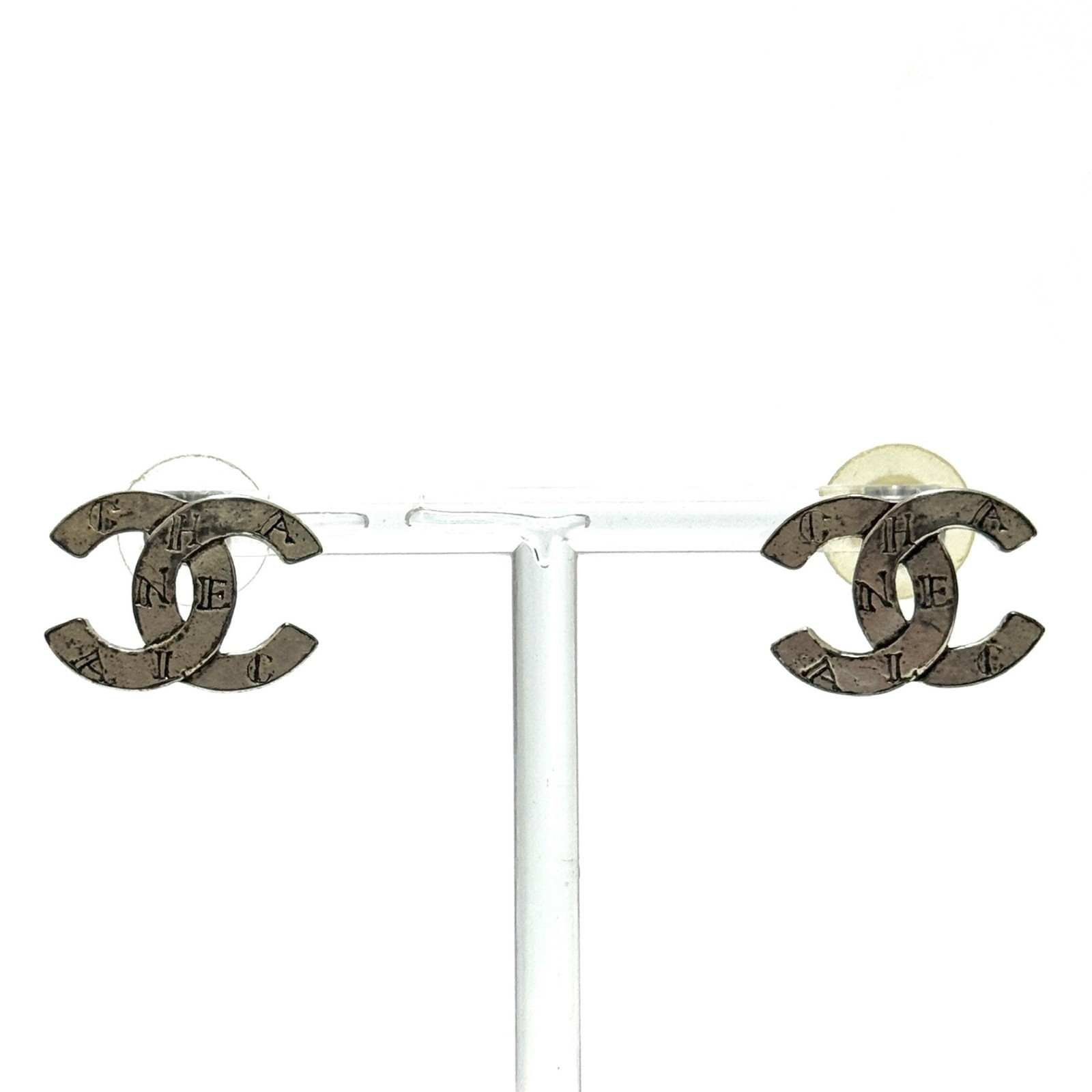 CHANEL 99A Coco CC Logo Cambon Pierced Earrings Silver Vintage Authentic JAPAN