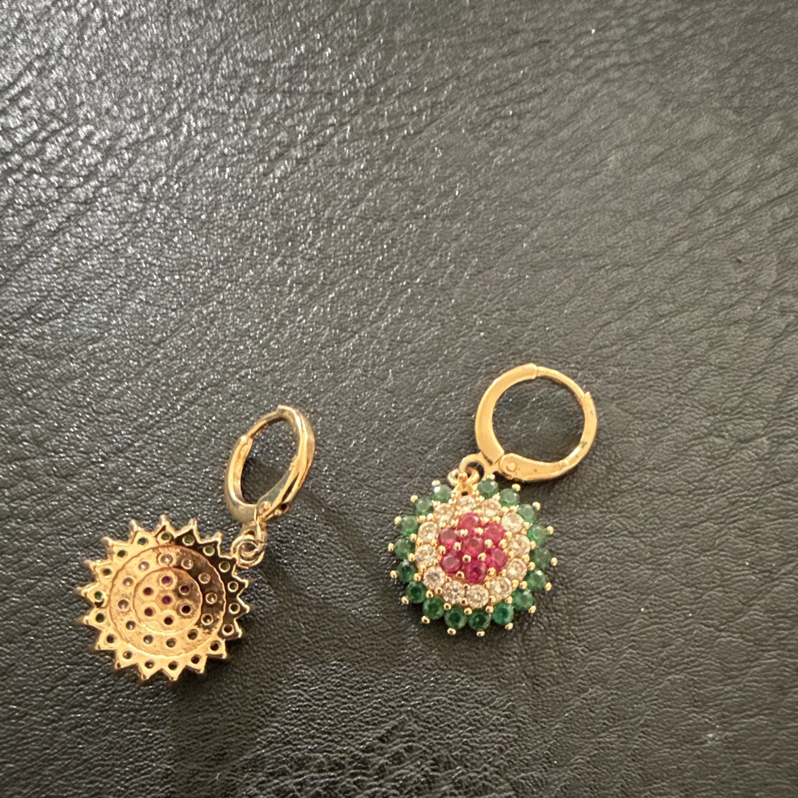 Gold Tone Pavé Round Stone Cluster Huggie Hoop Dangle Earrings Green Pink