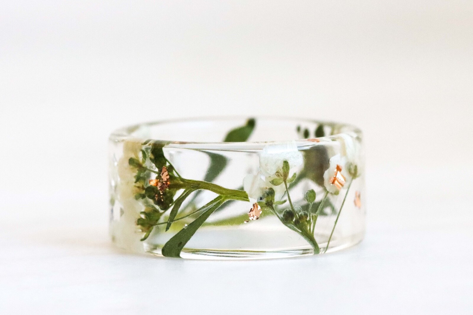 Wide Ring with Pressed Real White Alyssum Flowers and Gold Flakes, Resin Ring